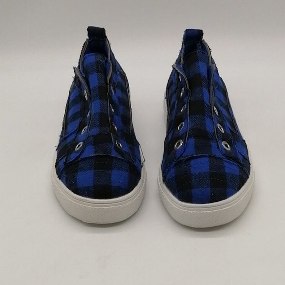 Womens Slip On Sneakers Blue Black Checked Low Top Round Toe Flat Heel 6.5‎ NEW - Picture 4 of 8